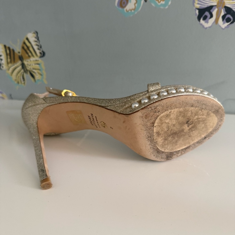Stuart Weitzman Gold Glitter Pearl Platform Sandals - Picture 12 of 12
